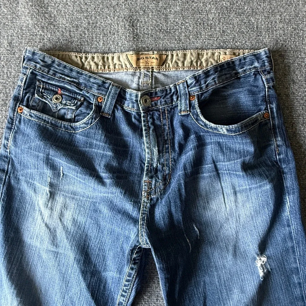 Big Star‎ Pioneer Bootcut Jeans Mens 36L Blue Distressed Frayed Hem Medium Wash
